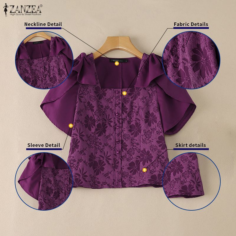 ZANZEA เสื้อกลีบแขนสั้นแบบเกาหลี ทรงสแควร์คอดีไซน์ทันสมัย กับซิปด้านข้างสำหรับผู้หญิง — صورة 7