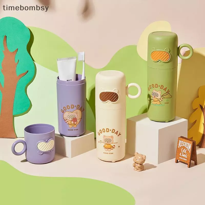 (เวลา) Creative Little Raccoon Wash Cup Home Travel กล่องแปรงสีฟันแบบพกพาน่ารักแว่นตาหมีแปรงสีฟันกล่อง (TH)