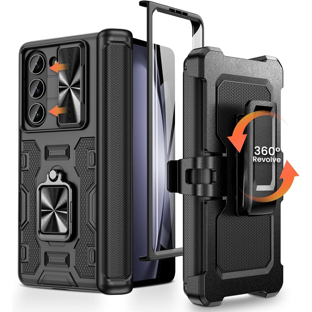 Caka สําหรับ Galaxy Z Fold 5 Case, Samsung Z Fold 5 Case - ตัวป้องกันหน้าจอและฝาครอบกล้องสไลด์และขาต