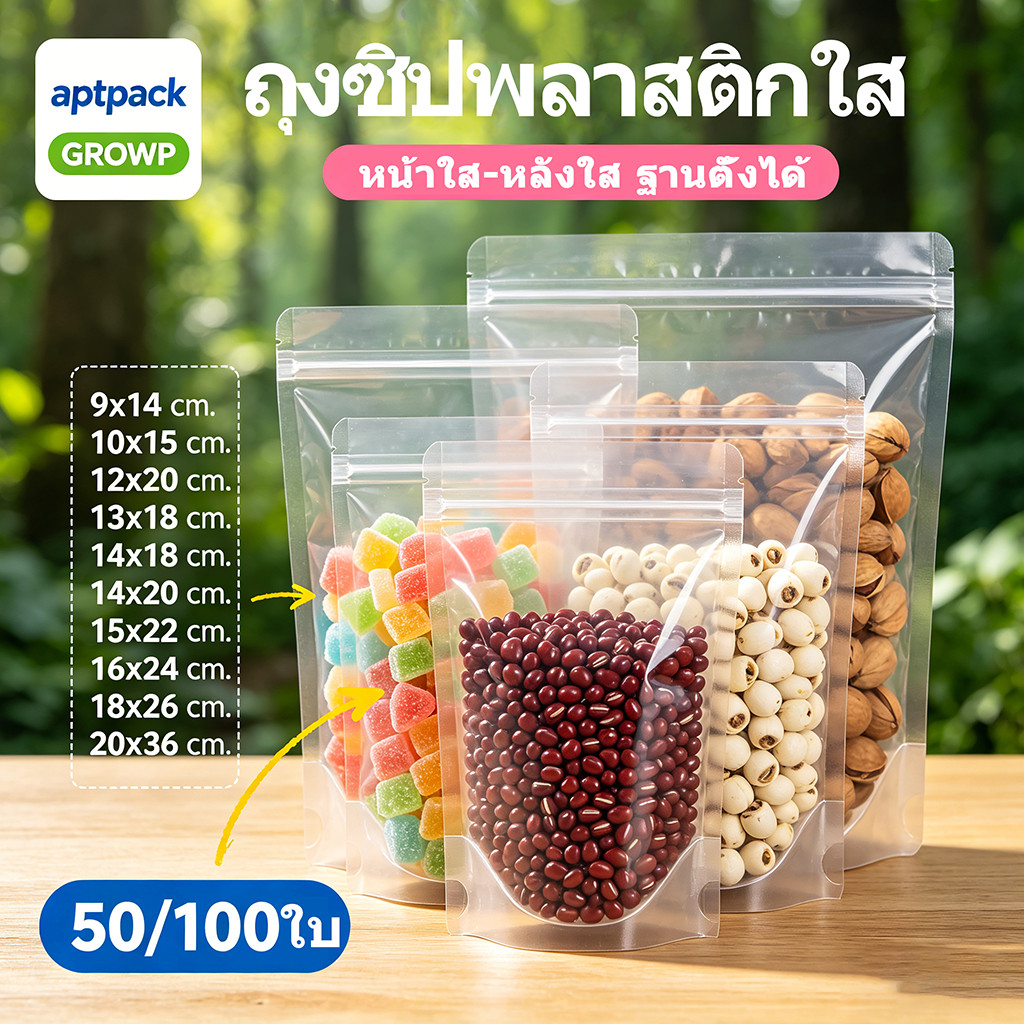50/100 ใบ  ถุงซิปสีใส ก้นตั้งได้ ถุงใส่ขนม ใสทั้งด้านหน้าและด้านหลัง ถุงซิปใส