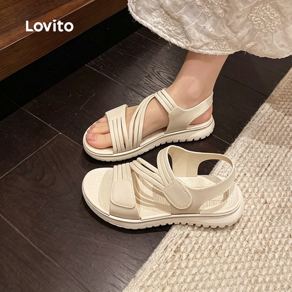 Lovito  รองเท้าแตะแบน ลําลอง สําหรับนักศึกษาเดินทางไปทํางาน สีดํา รองเท้าแตะแบนสําหรับผู้หญิง LFA115077