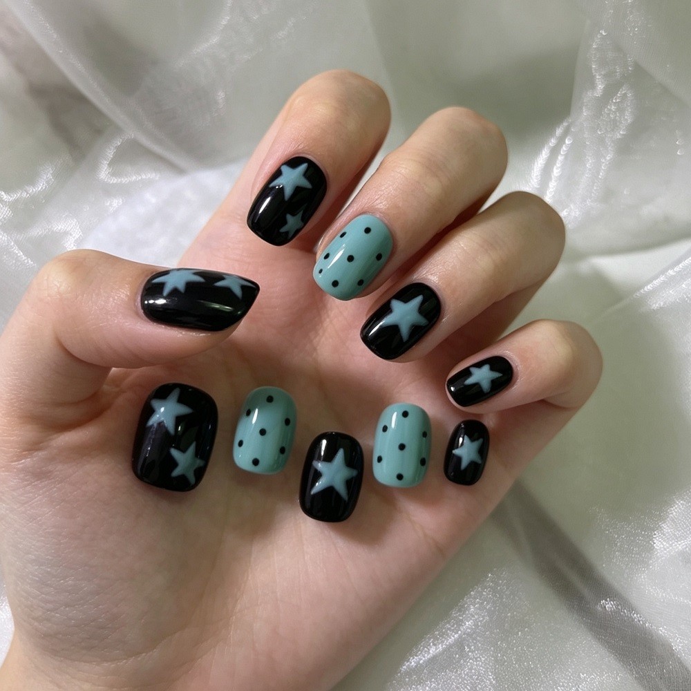 HANDMADE + กาวฟรีภาพถ่ายจริงกดบนเล็บ Twinkling Stars Phototherapy เล็บปลอมเล็บเทียมนํากลับมาใช้ใหม่ได้