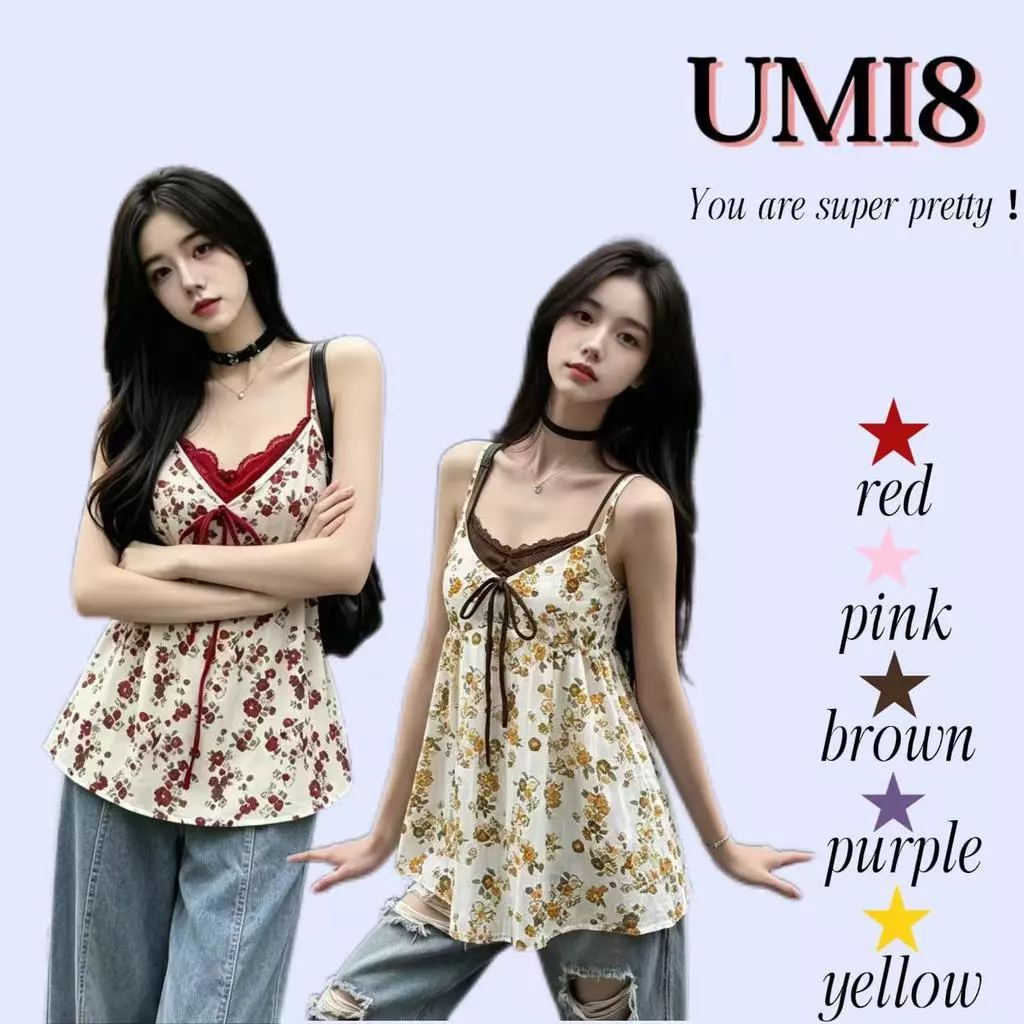 UMI8💝【ในสต็อก】💝 เสื้อสายเดี่ยวผ้าลูกไม้พิมพ์ลายดอกไม้สไตล์ฝรั่งเศส คอลเลคชั่นฤดูใบไม้ผลิ/ฤดูร้อน 2026