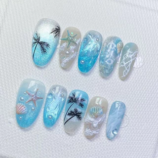 3D Sea Shell & Heart เล็บเจลมือวาดวันหยุดฤดูร้อนกดบนเล็บ