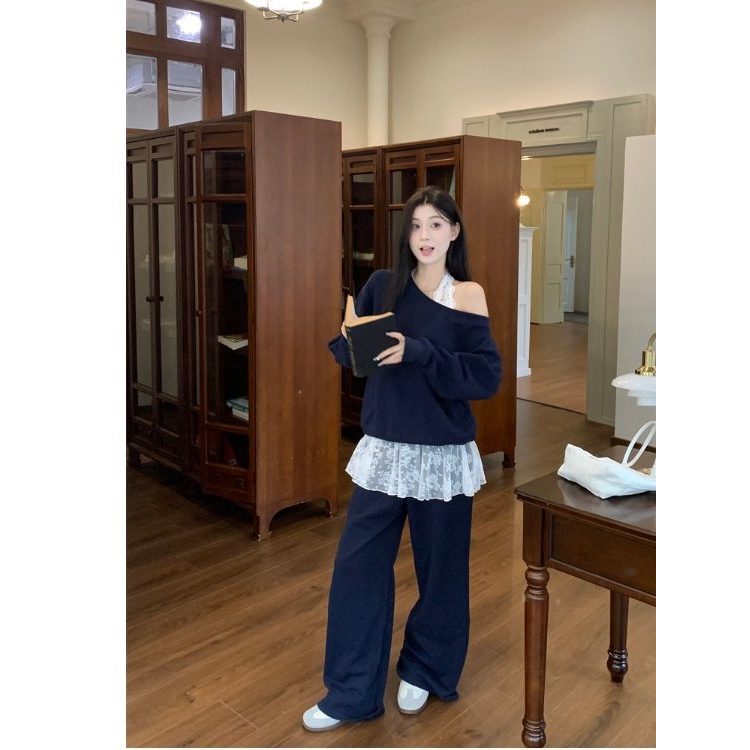 ชุดเซ็ทสาวอวบ ชุดเซ็ท ผู้หญิง เสื้อลูกไม้คอ MmV สำหรับคนอ้วนไซส์ใหญ่เสื้อสเวตเตอร์คอเฉียงสีน้ำเงินกร