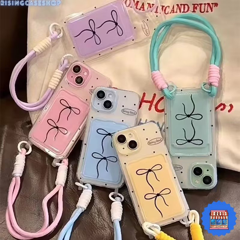 ส่งในพื้นที่ เคสสำหรับไอโฟน17 ลายจุดโบว์ดำ เคสช่องใส่การ์ด สายข้อมือ For iPhone17 16 11 12 13PROMAX 14 15PLUS 7/8 SE2 XS