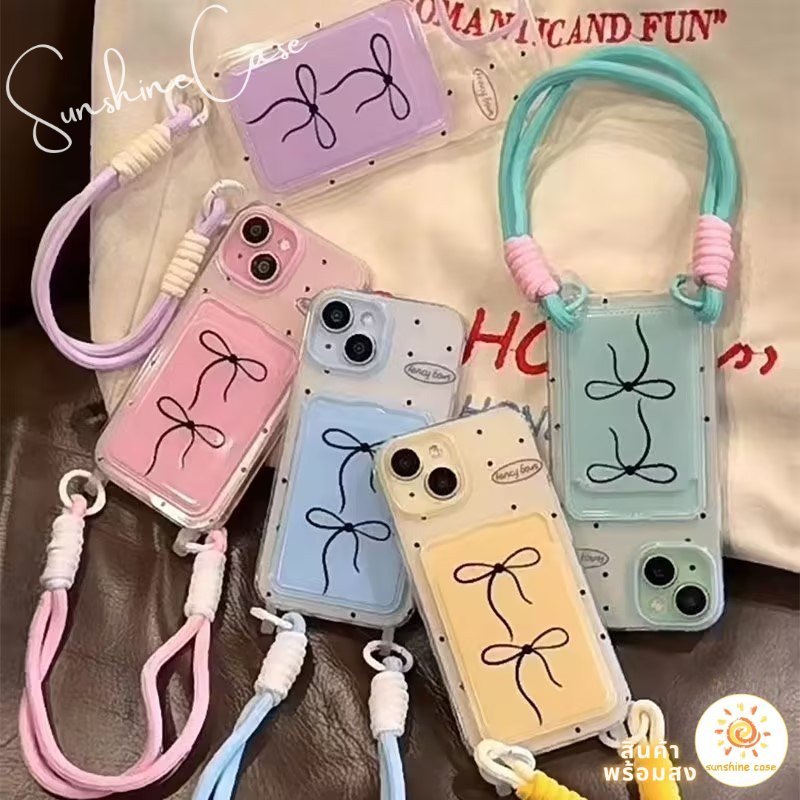 ส่งจากไทย เคสสำหรับไอโฟน15 ลายจุดโบว์ดำ เคสช่องใส่การ์ด รูปที่ 3