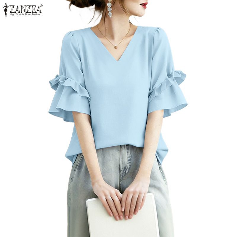 ZANZEA เสื้อผ้าแฟชั่นเกาหลี ทรง Elegant V-neck พร้อมกระดุมระบายสองชั้น เหมาะสำหรับวันสำคัญหรือโอกาสพิเศษ