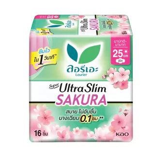 Laurier ลอริเอะ ผ้าอนามัย ซูเปอร์ อัลตร้า สลิม ซากุระ 25 ซม. มีปีก 16 ชิ้น