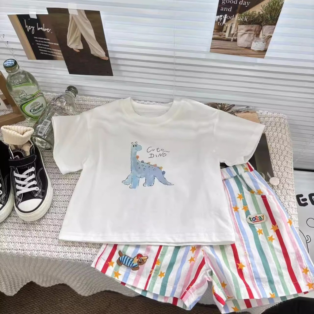 ฤดูร้อนเด็กการ์ตูนไดโนเสาร์แขนสั้นเสื้อยืดเด็กน่ารักสีพิมพ์ครึ่งแขนด้านบน