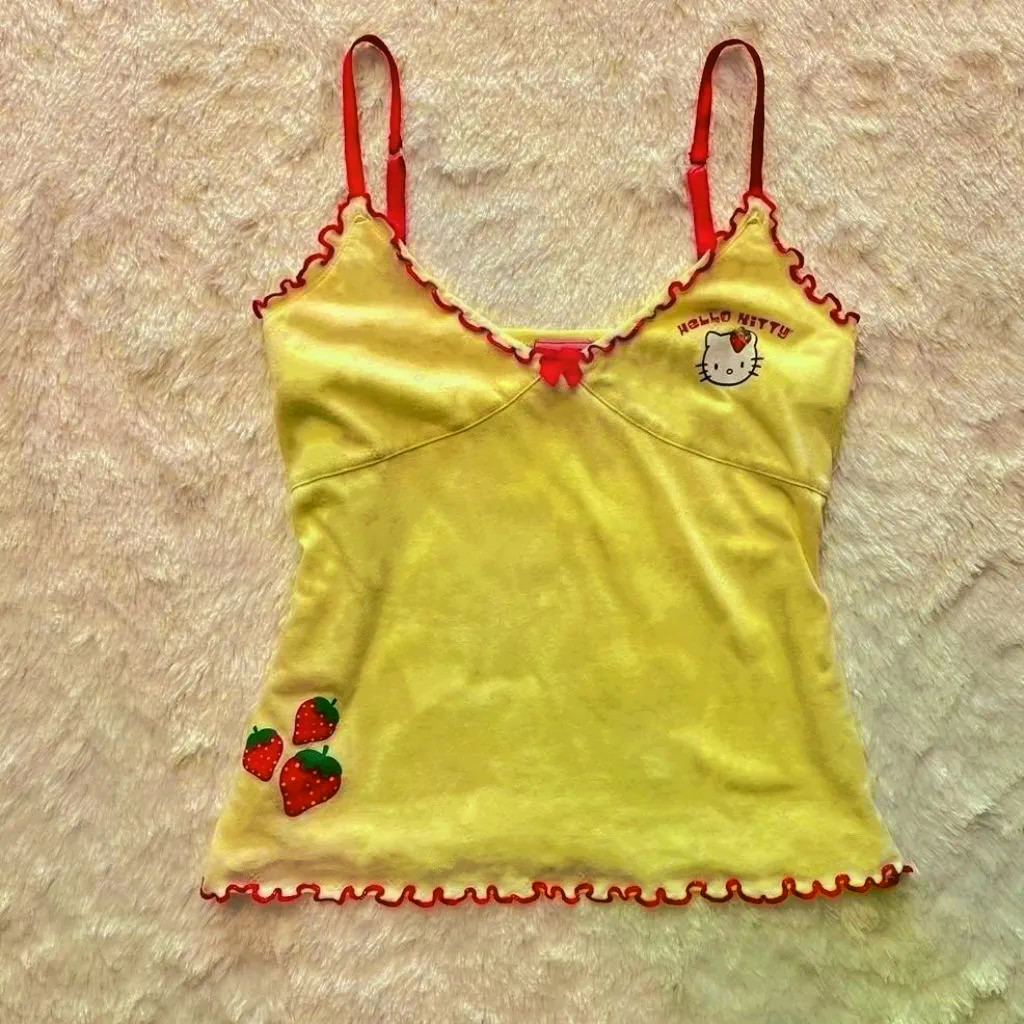 Cute Top Girly Sweet Spice Kitty Cat Strawberry Print Contrast Color Dopamine Vacation Style Camisole y2k