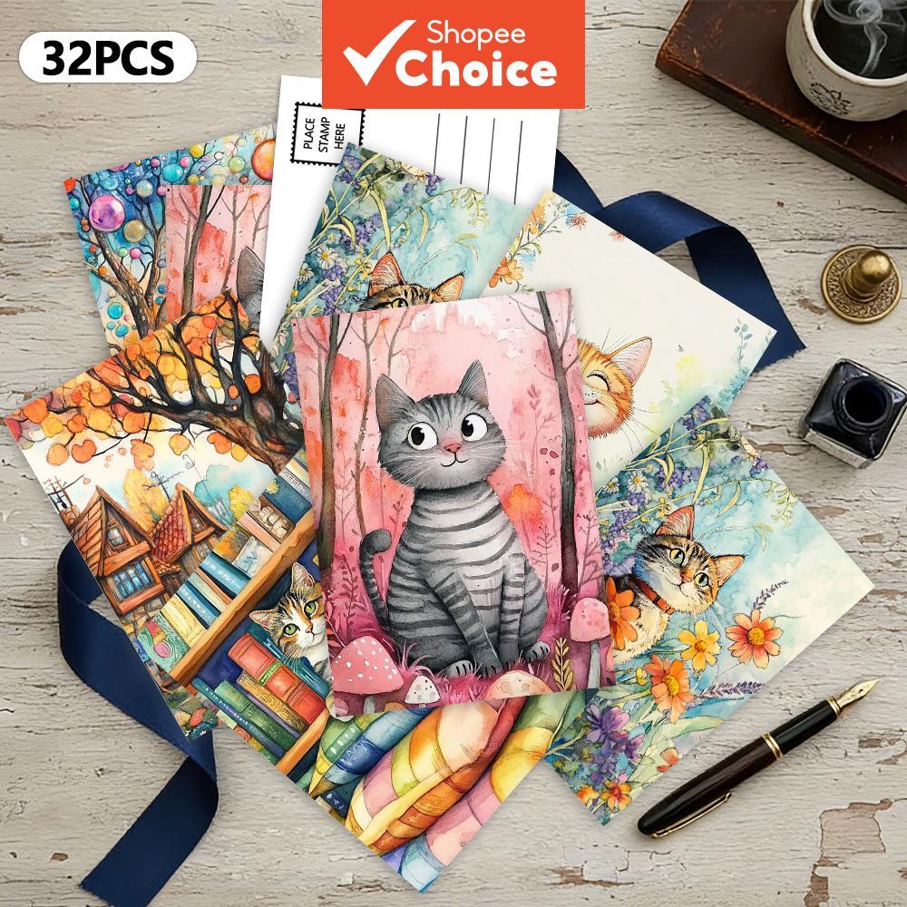 การ์ตูน 32 ชิ้น Healing สีน้ํา Cat-themed โปสการ์ด, การ์ดหนา, การพิมพ์ความละเอียดสูง, สติ๊กเกอร์ตกแต่ง, ของที่ระลึก, สะสมและมีจดหมาย