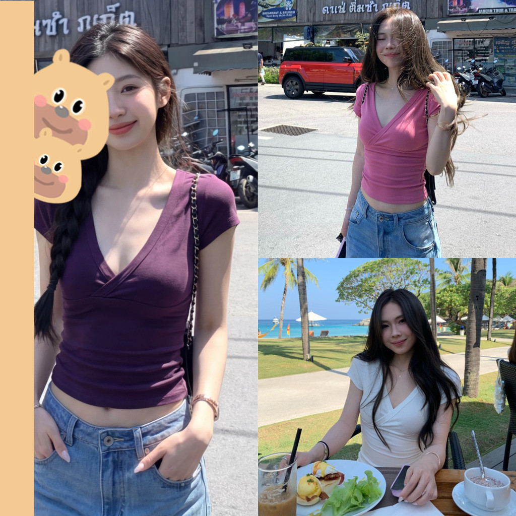 🎀bearbra🎀เสื้อยืดผู้หญิงแฟชั่น เสื้อยืดแขนสั้น คอวี สีพื้น สาวฮอต เสื้อสลิมฟิต