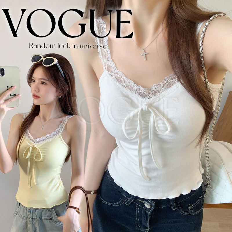 Vogue🌟พร้อมส่ง🌟 เสื้อสายเดี่ยว แต่งสายลูกไม้ และช่วงอกแต่งโบว์ทรงสวย มีฟองน้ำ (FY6209)