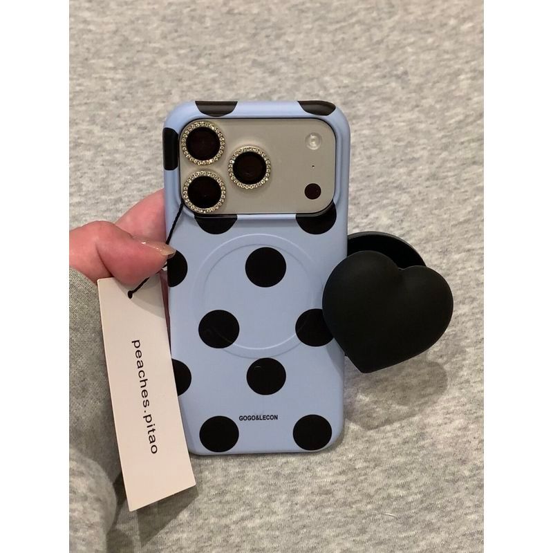สไตล์เกาหลี ins Blue Black Polka Dot Film รวมทุกอย่าง Magnetic Love Bracket 17promax Influencer 15pro เคสโทรศัพท์