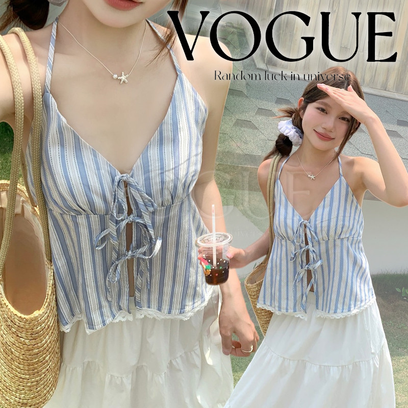 Vogue🌟พร้อมส่ง🌟 เสื้อคล้องคอลายทาง แฟชั่น สไตล์ซัมเมอร์ น่ารักผูกโบว์ ใส่สบาย (FY5133)