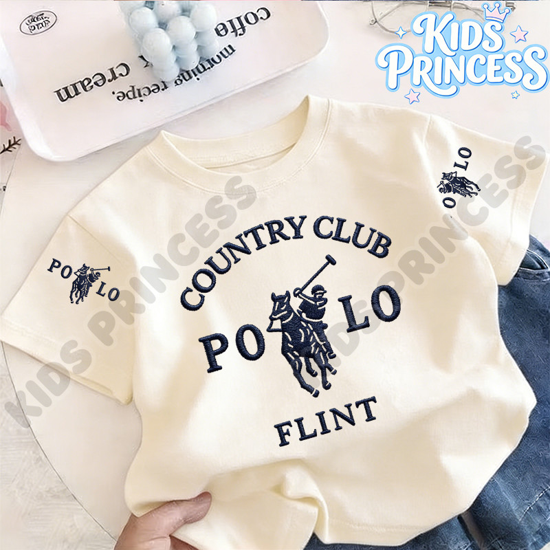 COD(จัดส่งตลอด 24 ชั่วโมง)เสื้อยืดเด็ก Oversize ลายปักม้า Country Club เสื้อแขนสั้น สไตล์เกาหลี แฟชั่นเด็ก พร้อมส่ง 2026