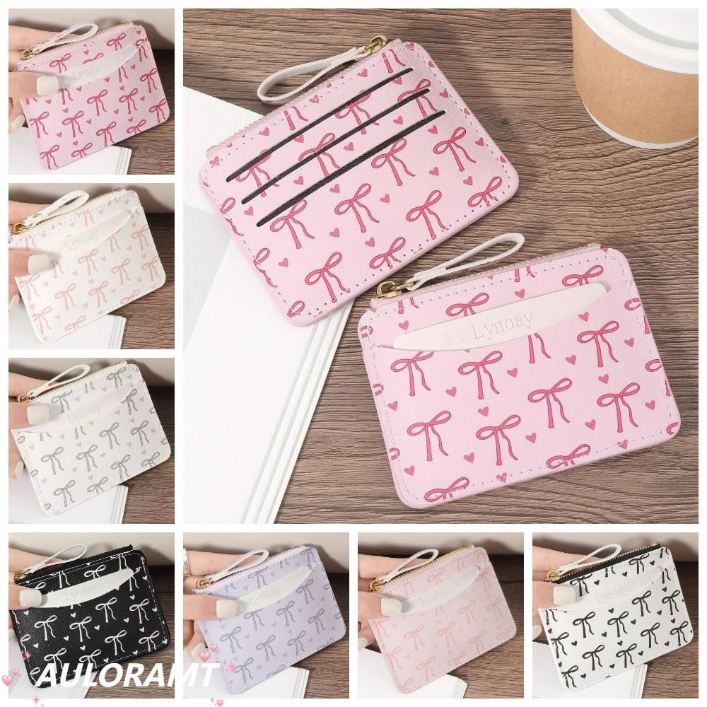 AULORAMT ซิปกระเป๋าสตางค์,ผู้ถือบัตรเครดิตขนาดเล็กบาง,Droomy Cute Bow Portable Card for Women Girls
