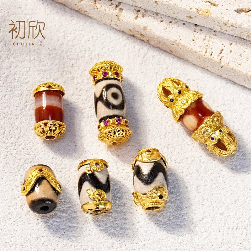 Gold-Plated Dzi ลูกปัด Pure Agate diy อุปกรณ์เสริม Tiger ฟันลูกปัดธรรมชาติเชือก Spacer สร้อยคอถัก s9