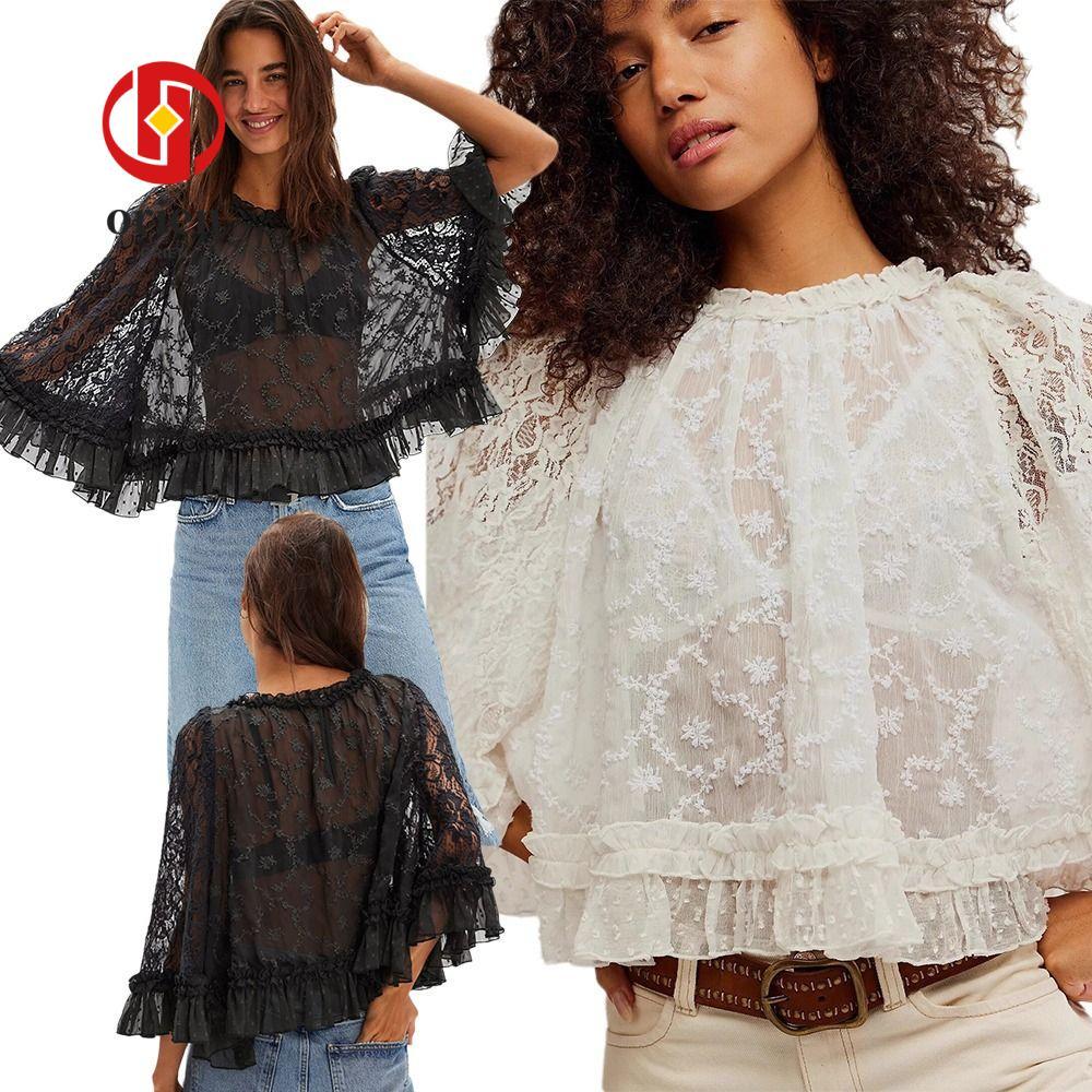 ORIEN แขนยาว, ลูกไม้เชียร์ปุ่มขึ้น Ruffle Trim เสื้อ, Y2k O คอ Flowy เสื้อออกไป