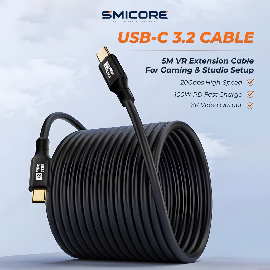 สายเคเบิล USB3.2 Dual Type-C 5M แบบเต็มฟังก์ชัน PD 100W 20Gbps 8K ต่อจอ / VR / เกมพกพา รองรับการต่อขยายระยะสาย