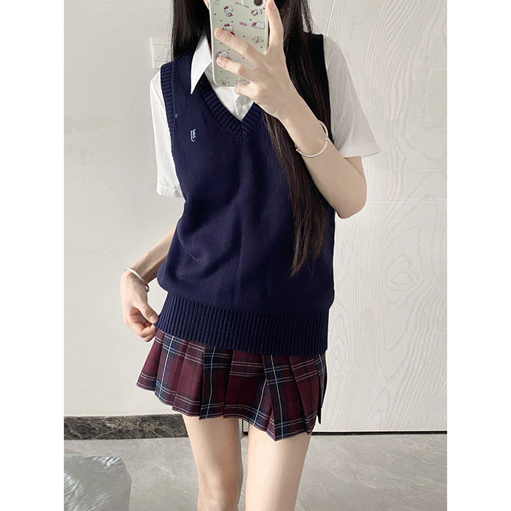 Huaqianzhu Original Ayawa เสื้อกั๊กกลาง JK หลากสีเสื้อกั๊กถักเสื้อกันหนาว Preppy สไตล์ jk เครื่องแบบ