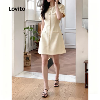 Lovito สง่างาม ชุดเดรสหรูหรา ชุดเดรสปุ่มธรรมดาสําหรับผู้หญิง LNE69055
