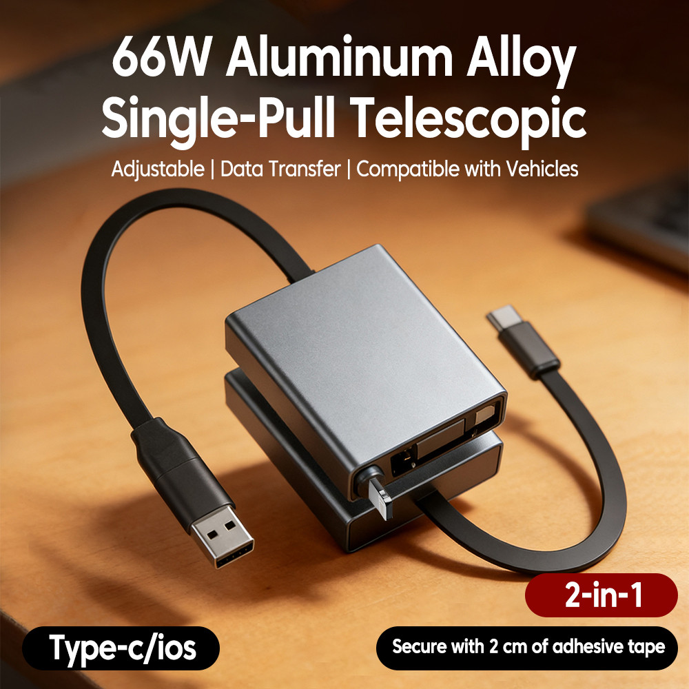 Elough 4 IN 1 66W Retractable USB/Type C ถึง Type C/lOS Fast สายชาร์จกล่องอลูมิเนียมสําหรับสมาร์ทโฟน 20-80 ซม.