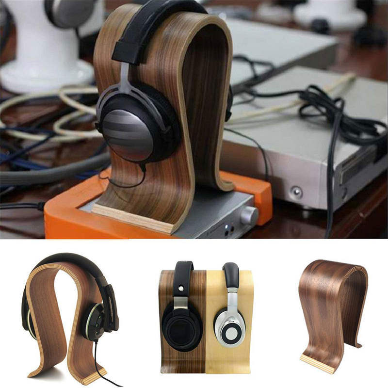 U headphones stand รูปร่างหูฟังไม้ขาตั้งที่วางไม้แขวนหูฟังไม้โต๊ะชั้นแสดงของ