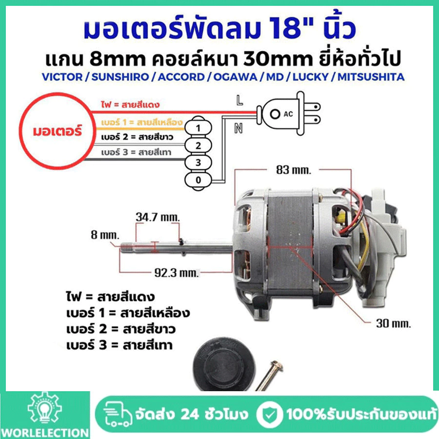 มอเตอร์พัดลม 18นิ้ว HATARI ฮาตาริ ทองแดงแท้ แถม คาปาซิเตอร์ แกนคอ น็อต ปุ่มดึงส่าย ตัวล็อคใบพัดลม อะไหล่พัดลม