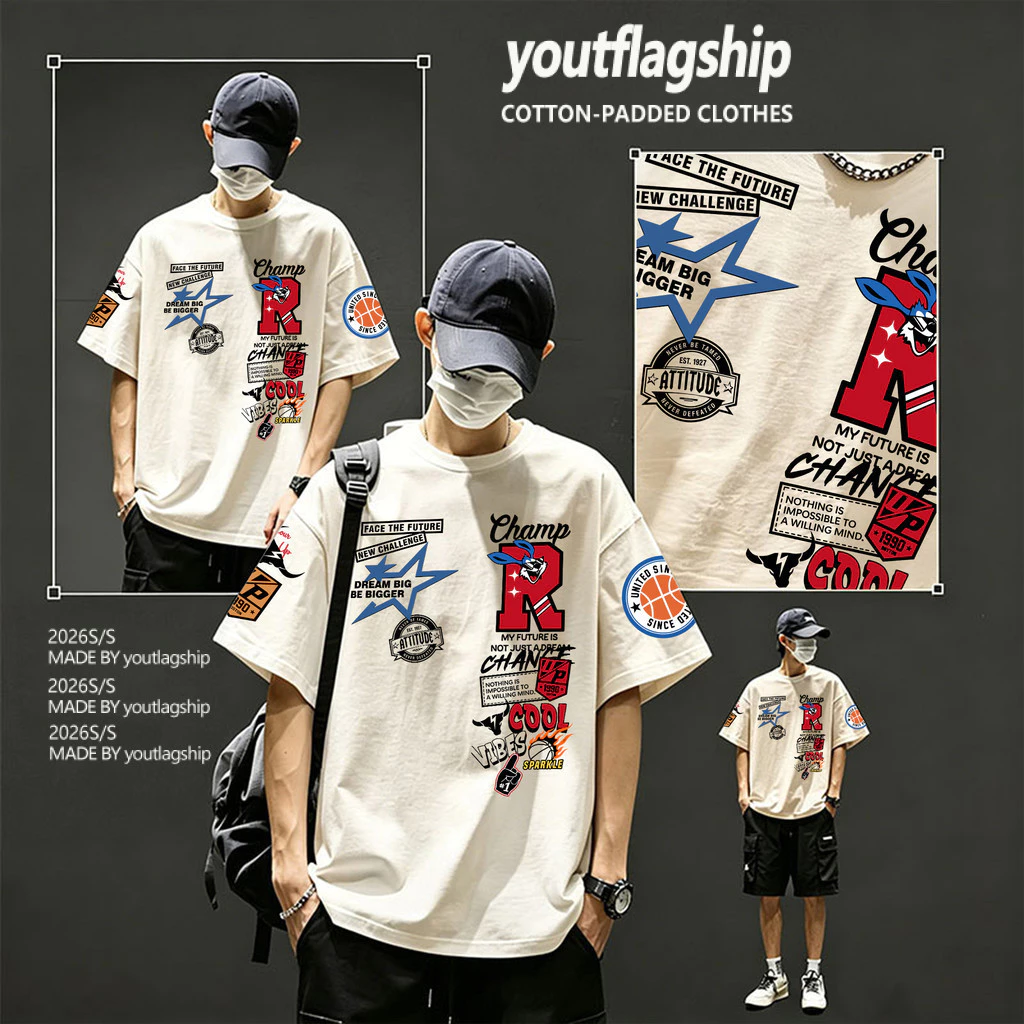 Y-T🧸เสื้อยืดชาย เสื้อยืด oversize ผ้าฝ้าย100% ไม่ต้องรีดผ้า สวมใส่สบาย วินเทจ ผ้านิ่ม ลาย "CHAMP R" แนวสตรีท