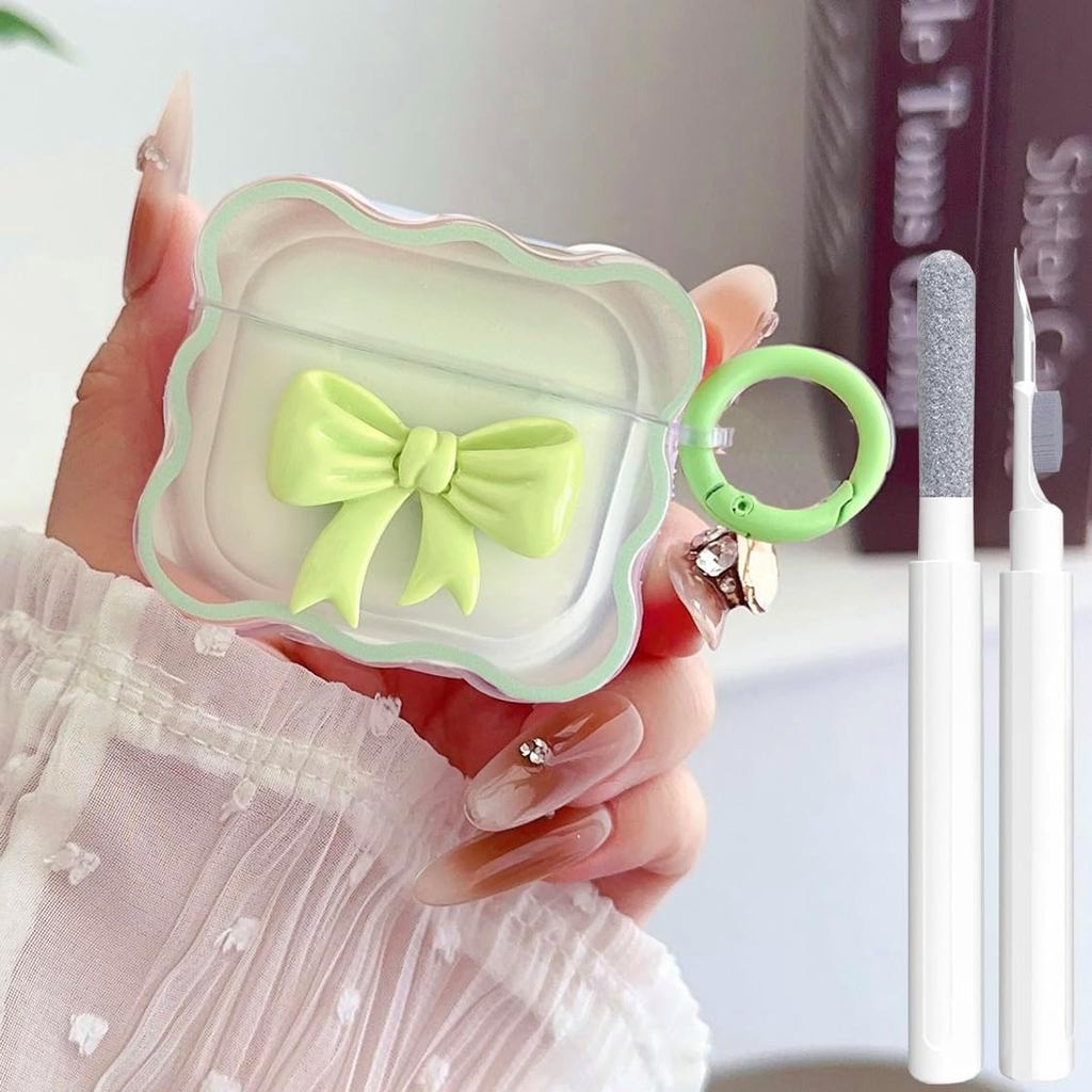 น่ารัก AirPods 4 เคสใสหญ้าสีเขียว, Girly 3D Bow Design Soft TPU ป้องกันกันกระแทก Kawaii Apple iPod 4