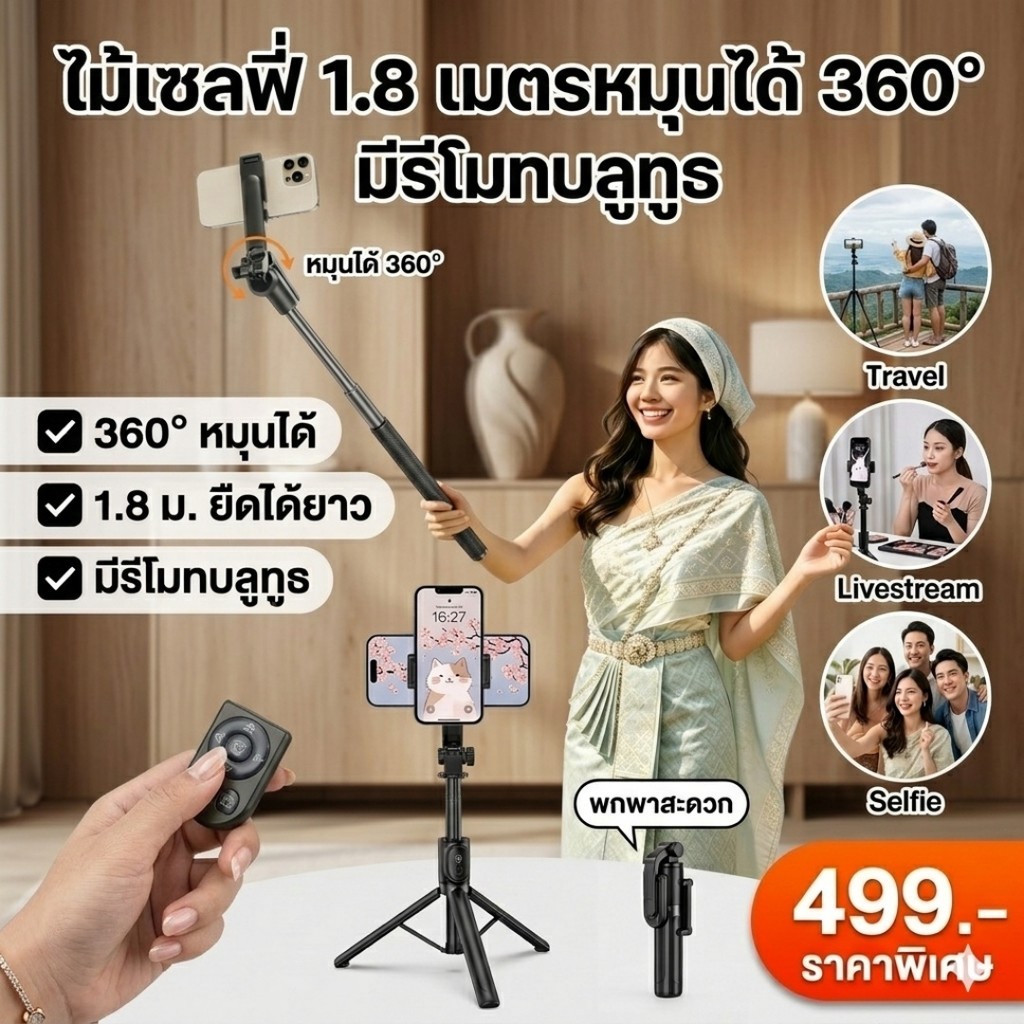 ไม้เซลฟี่ 2026 รุ่นใหม่ ขาตั้งกล้องสองช่อง หมุน360° กันสั่น พกพาสะดวก ใช้ถ่ายคอนเสิร์ต ท่องเที่ยวได้ทุกรุ่น