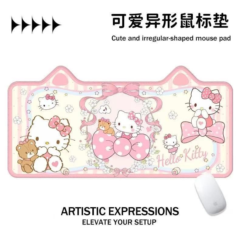 HelloKitty แผ่นรองเมาส์หูแมวรูปทรงขนาดใหญ่ Sanrio Cute Girl แผ่นรองเมาส์สายรัดข้อมือกันลื่น