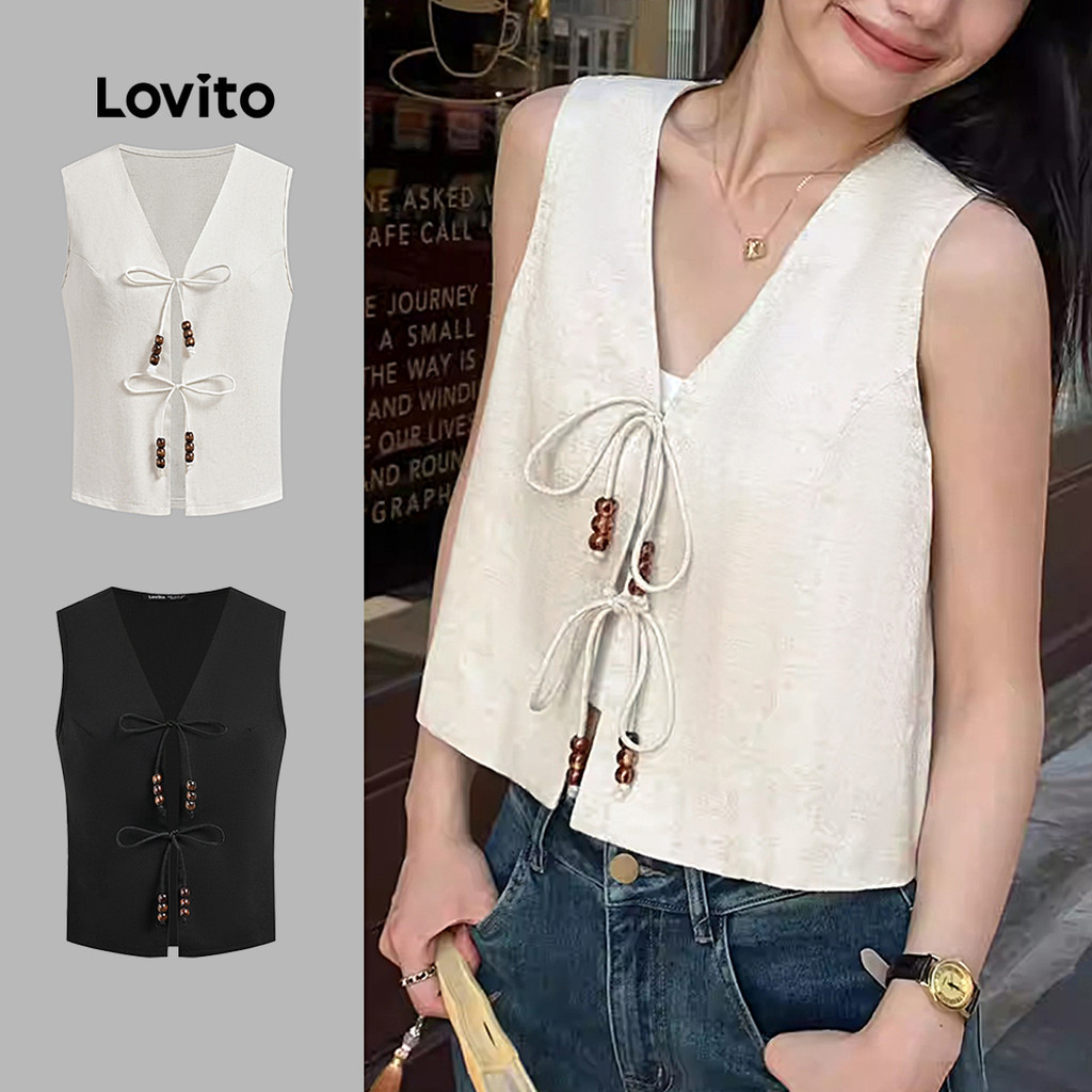 Lovito โบโฮ เสื้อลําลองลูกปัดโบว์ด้านหน้าฤดูร้อน/ฤดูใบไม้ผลิเสื้อกล้ามสําหรับผู้หญิง L125AD291