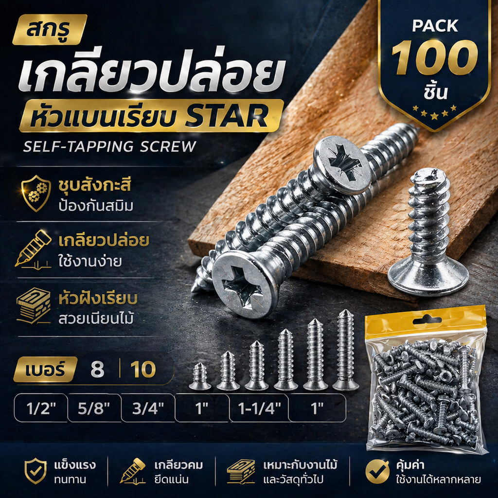 (100 ตัว) Star สกรูเกลียวปล่อย หัวแฉกเทเปอร์ F+(เรียบ) เบอร์ #7#8#10 เกลียวเหล็ก  ยึดไม้ ยึดโลหะ