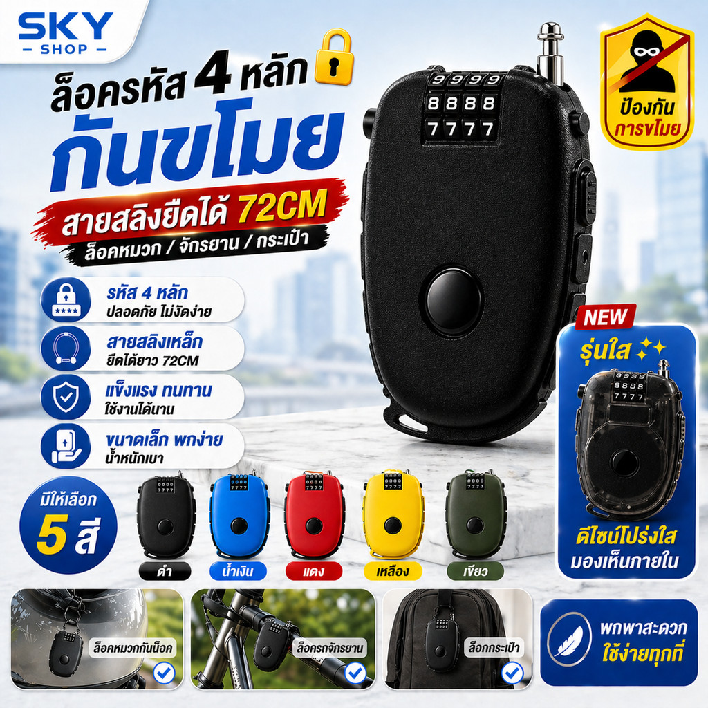 SKY ล็อคหมวกกันน็อค รหัส 4 หลัก กันขโมย สายสลิงยืดได้ 72CM ล็อครถจักรยาน กระเป๋า พกพาสะดวก Helmet Lock