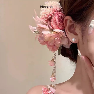 ในไทย-พร้อมส่ง✨ กิ๊บติดผมสไตล์โบราณลายดอกไม้ พู่ห้อยสีชมพู ดีไซน์หรูหรา ใช้หนีบด้านข้าง เหมาะกับชุดฮั่นฟูหรือฉีผาว