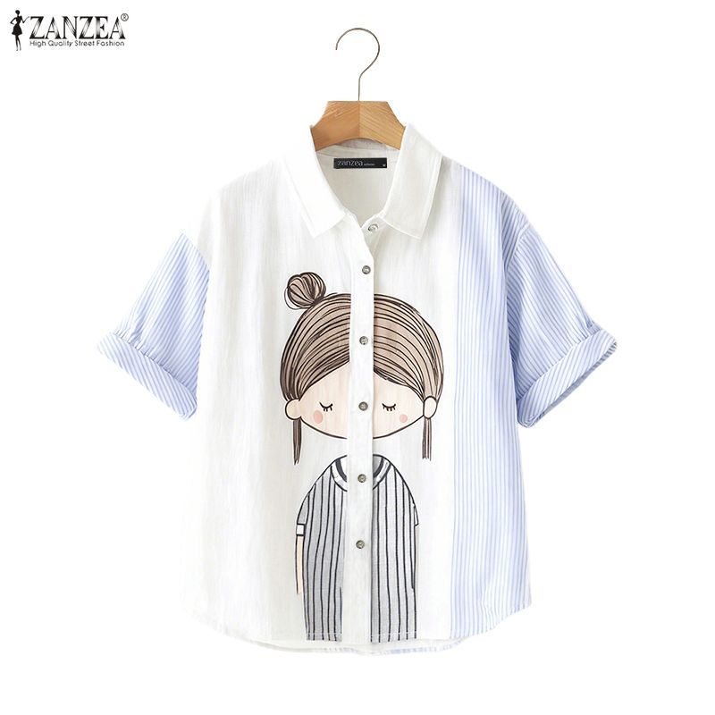 ZANZEA ซานเซีย เสื้อลายทางแขนสั้นพิมพ์ลายการ์ตูนทรงหลวมแฟชั่นเกาหลีสําหรับผู้หญิง