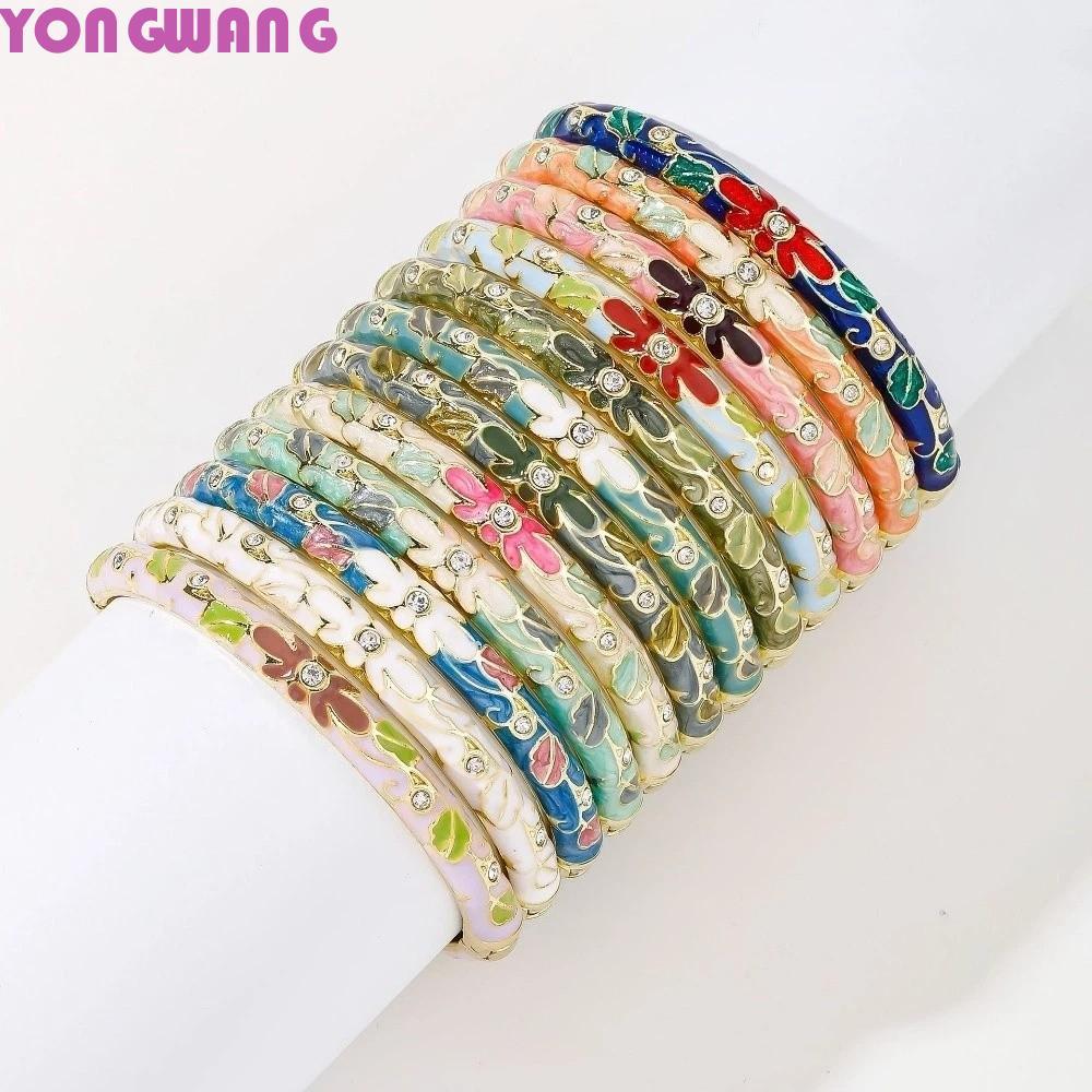 YONGWANG66HR Vintage Cloisonne กําไลข้อมือ,เคลือบดอกไม้ใหญ่กําไลข้อมือมือแบบดั้งเดิมชาติพันธุ์วินเทจ