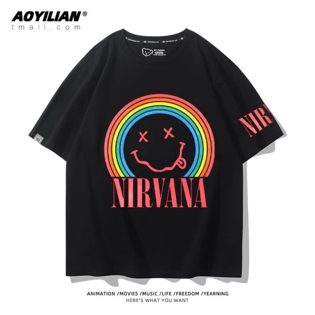 Unisex Casual Loose NIRVANA NIRVANA NIRVANA Corte Koben โลโก้สายรุ้งพิมพ์ด้านบน