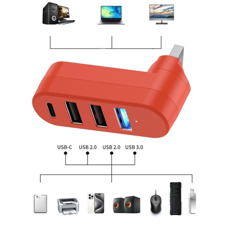 Kiss ประหยัดพื้นที่ USB3 0 Splitter USB3 0x1+USB2 0x2 + ประเภท C ปรับมุมแบบยืดหยุ่นสําหรับทํางานแคบ 