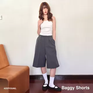 KEEPYOUNG [S-3XL] กางเกงขาสั้น 24 นิ้ว เอวสูง 2 จีบหน้า เก็บทรงสวย ผ้าหนา รุ่น BAGGY SHORTS