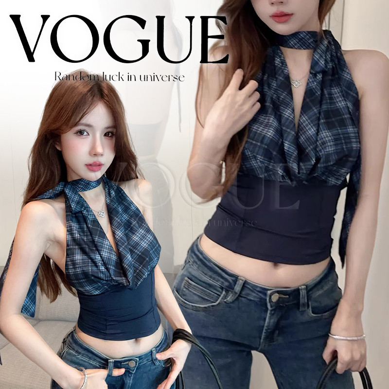Vogue🌟พร้อมส่ง🌟 เสื้อคล้องคอเปิดหลัง ลายสก็อต ผ้านุ่มลื่นใส่สบาย เข้ารูป  (FY5136#1)