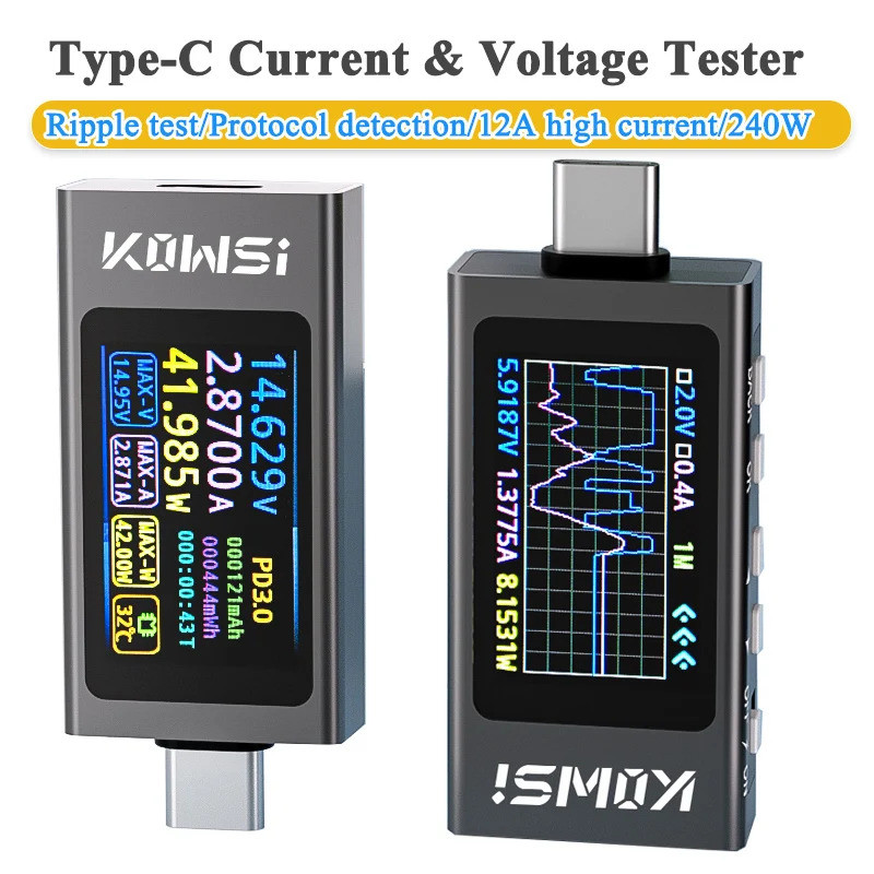 KWS-X1 4V-30V 12A Type C เครื่องทดสอบโวลต์มิเตอร์แอมป์มิเตอร์ TYPE-C Fast Charge การตรวจจับความจุการ