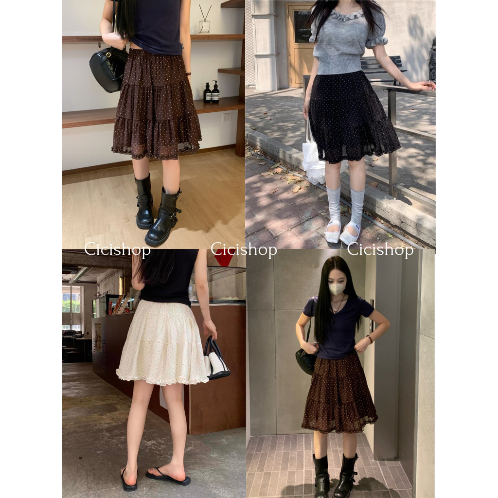 Cicishop(Q2613) กระโปรงลายจุดผ้าชีฟอง ดีเทลแต่งระบาย มีซับใน เอวสม็อค สไตล์สาวเกาหลี