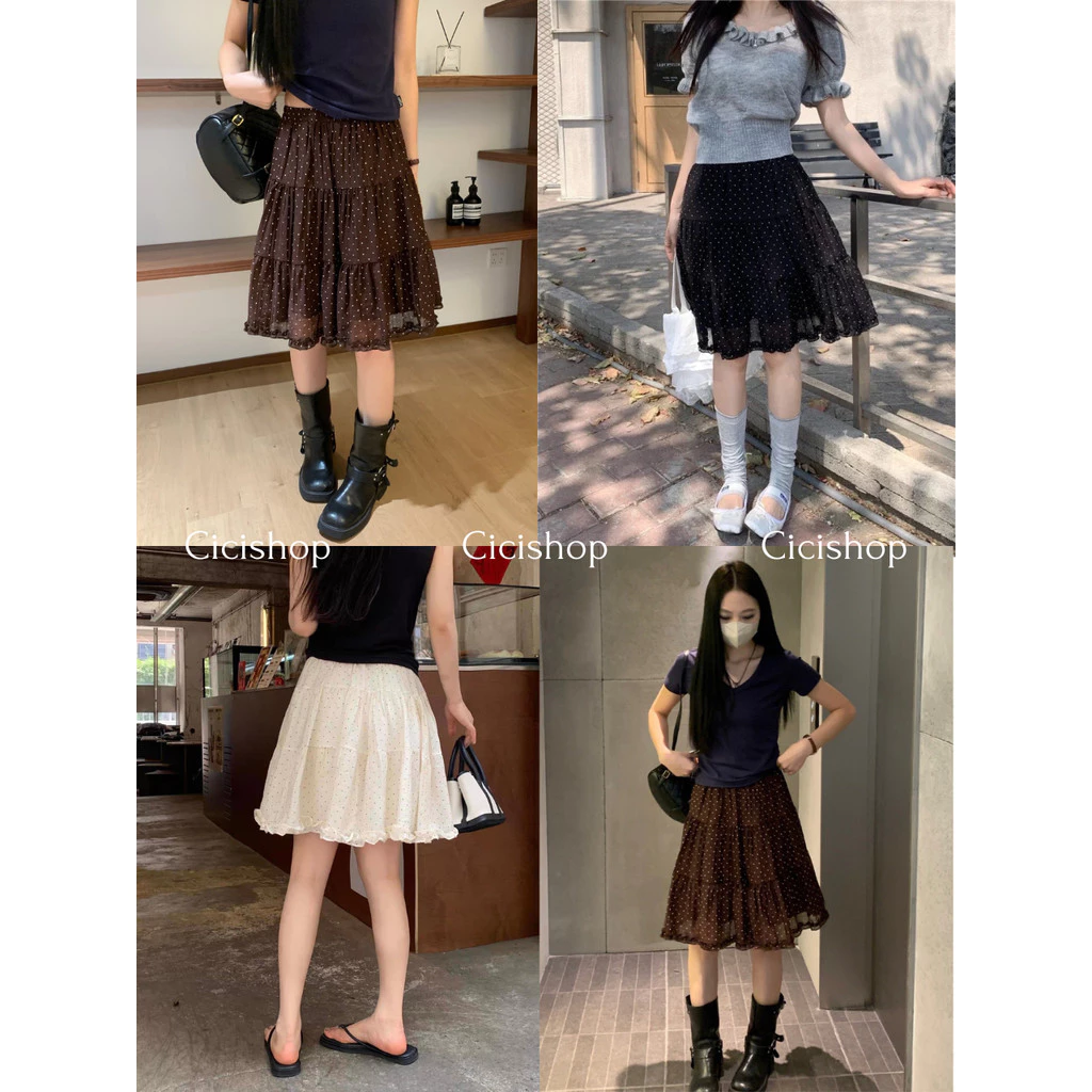 Cicishop(Q2613) กระโปรงลายจุดผ้าชีฟอง ดีเทลแต่งระบาย มีซับใน เอวสม็อค สไตล์สาวเกาหลี