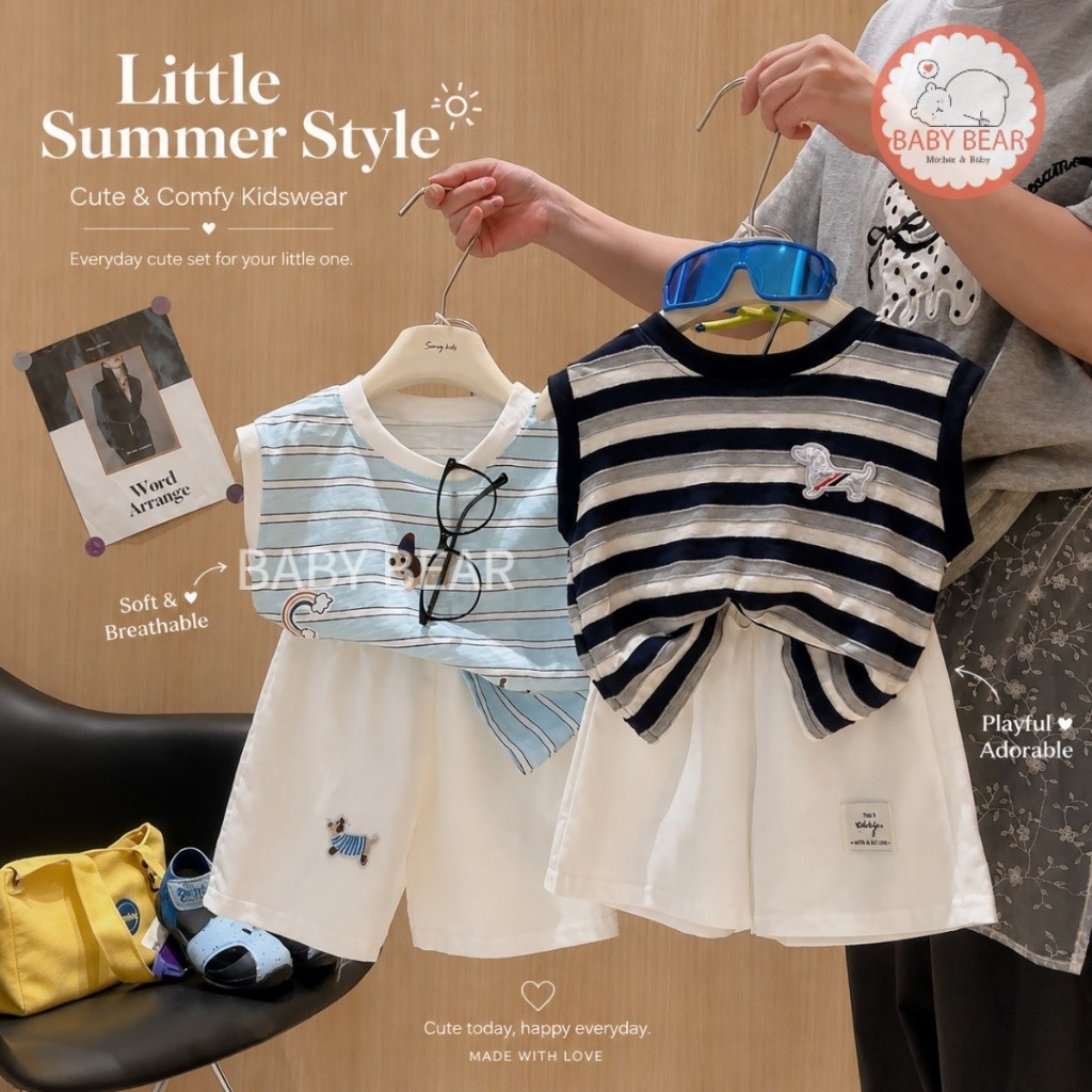 ชุดเด็กชายสุดคูล เสื้อกล้ามลายทาง + กางเกงขาสั้น ชุดเด็กชาย Summer Style ลายทางสุดคิ้วท์