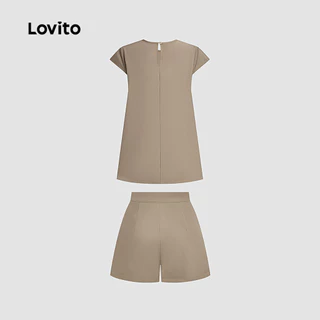Lovito ชุดกางเกงขาสั้นแคชชวลพร้อมพลีท สำหรับฤดูใบไม้ผลิ/ฤดูร้อน สีคากี L154ED206