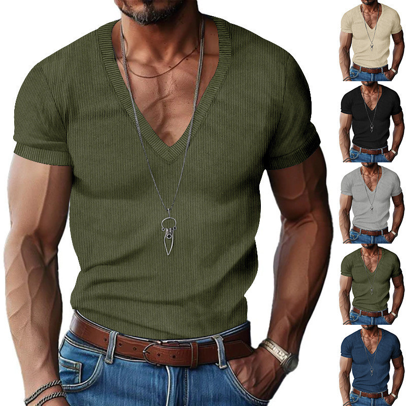 ฤดูร้อนผู้ชายคอวีแขนสั้นเสื้อยืดสีทึบสลิมฟิตลําลองแขนสั้นด้านบน
